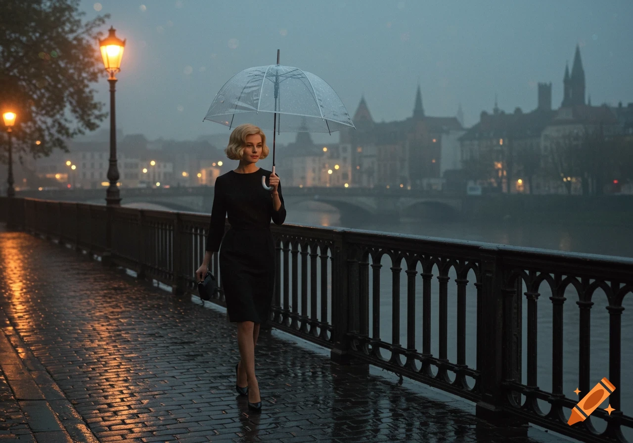 A woman in a 1960s black dress walks on a wet, cobblestone promenade in the rain, holding a clear umbrella, with a lamp post and city buildings across a river in the background.