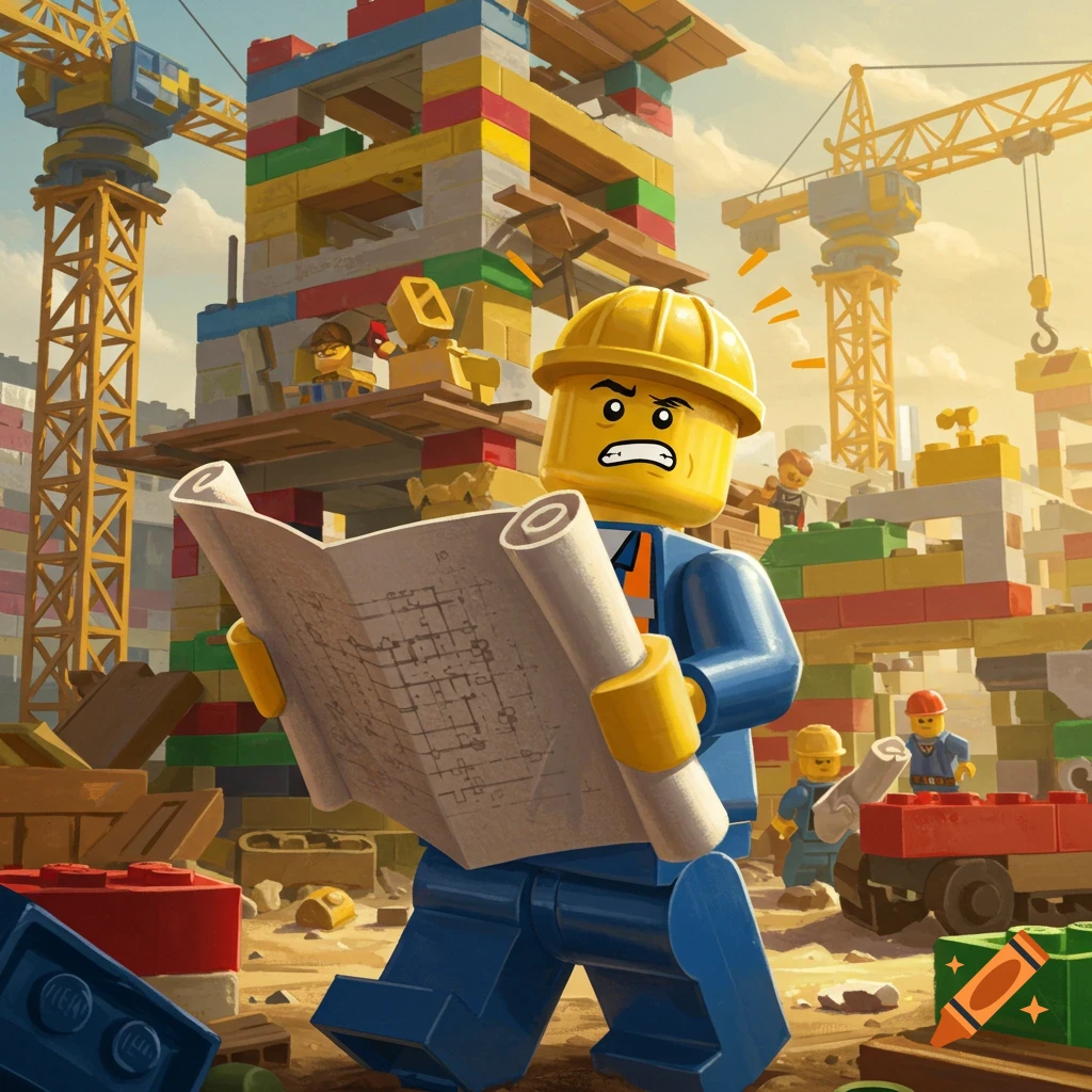 A frustrated Lego construction worker in a yellow hard hat examines blueprints on a colorful Lego building site.