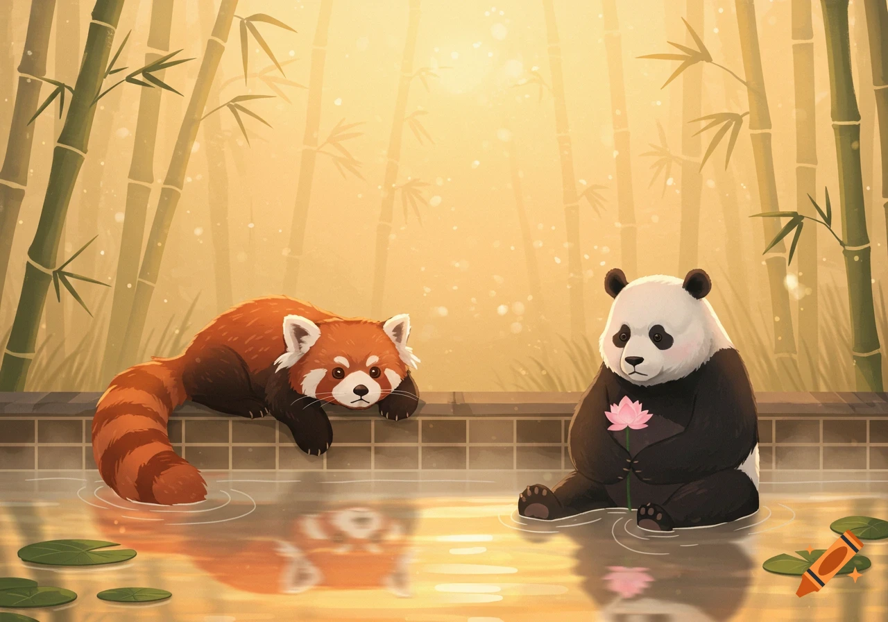 A red panda and a giant panda relax in a tranquil, misty pool surrounded by bamboo in a warm, soft illustration.