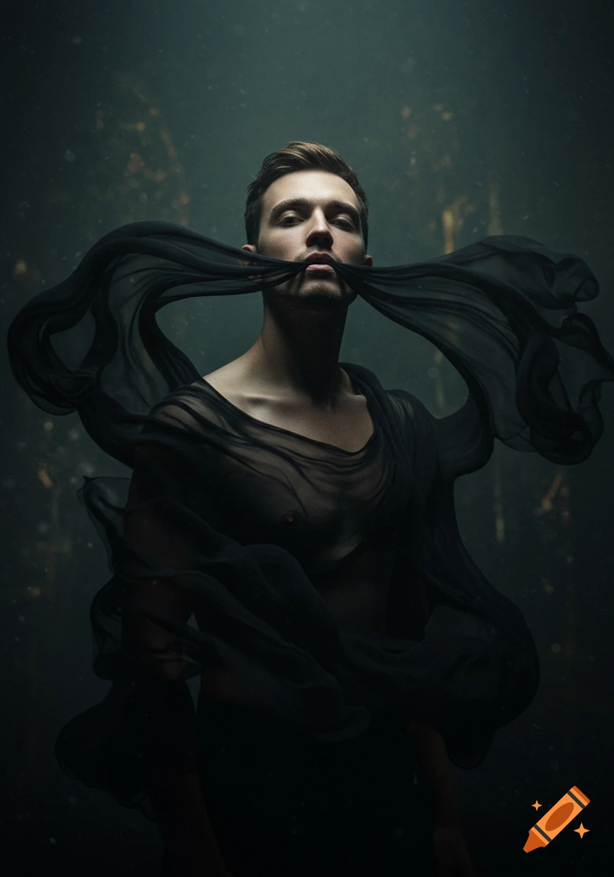 Portrait of a man with dark, flowing fabric around his head and shoulders, against a dark, atmospheric background.