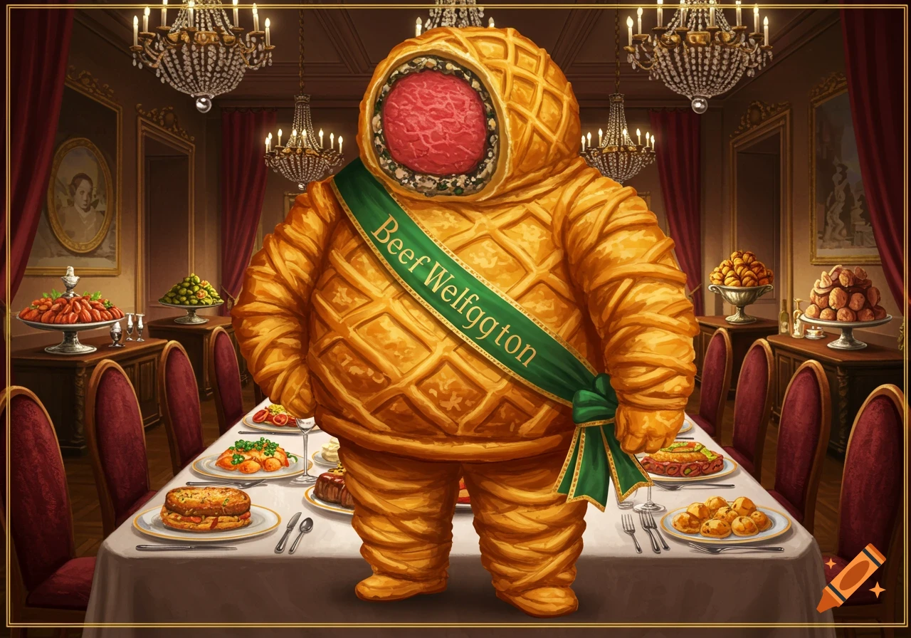 A humorous character made of Beef Wellington, wearing a sash, stands at a lavish dining table in a stately room.