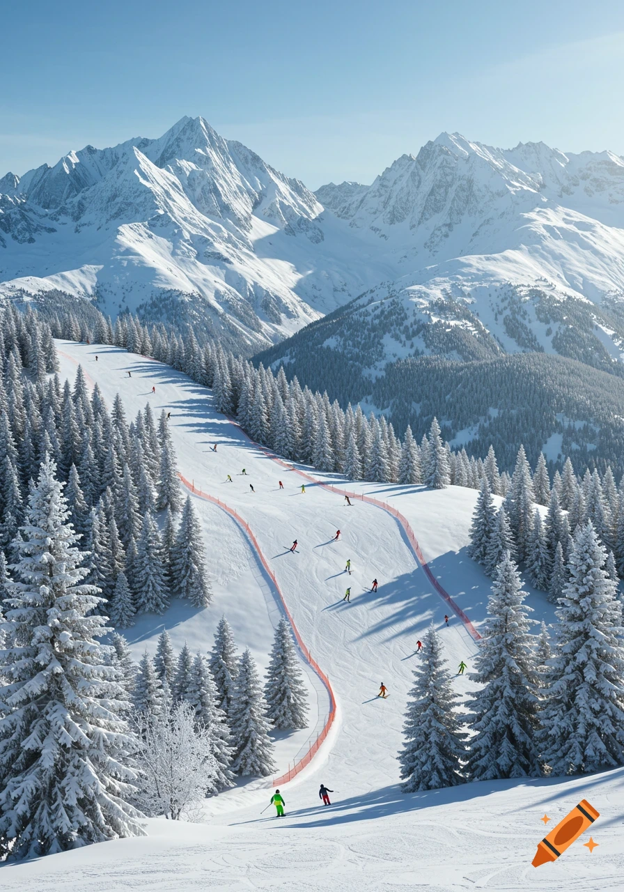 Photorealistic wide shot of skiers on snow-covered slopes surrounded by evergreen trees and towering mountains under a clear blue sky.