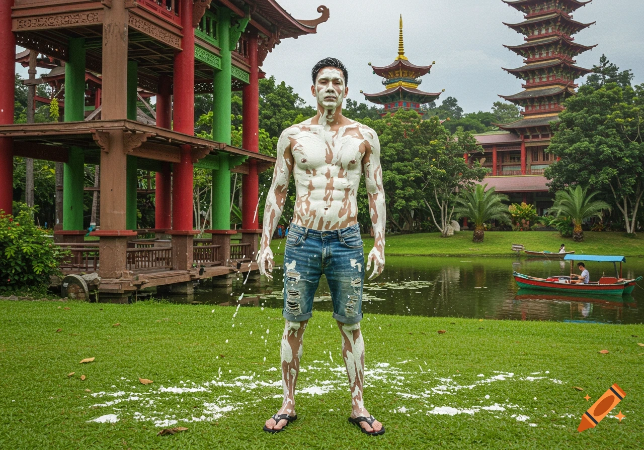 Man covered in white paint stands on grass by a pond, with traditional Asian buildings in the background.