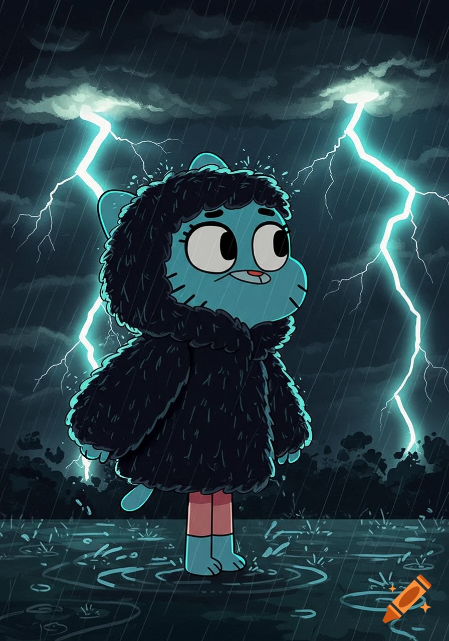 A blue cat-like cartoon character in a black fur coat stands in the rain during a thunderstorm with bright lightning strikes.