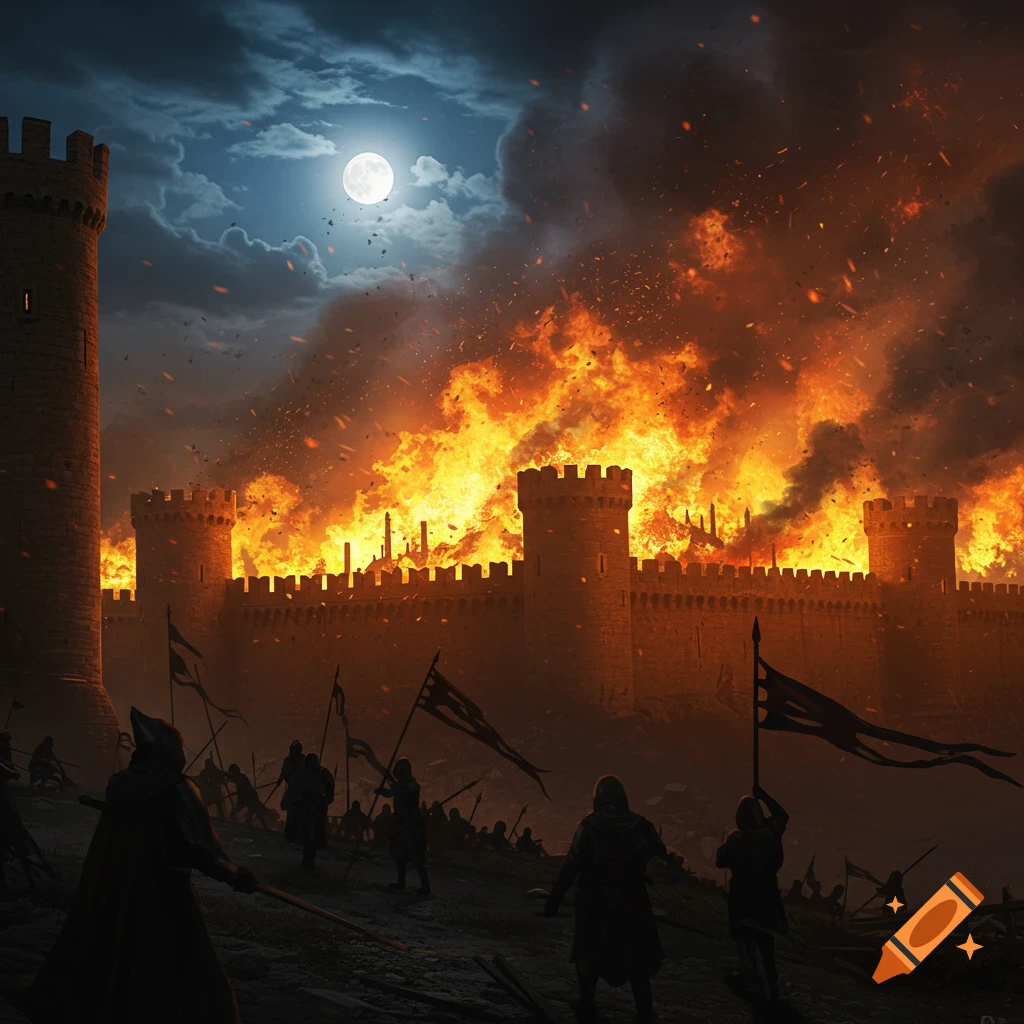 A medieval castle engulfed in massive flames under a full moon, with silhouetted soldiers in the foreground. Digital painting style.