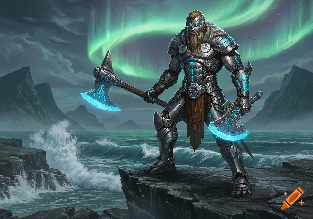 A heavily armored Viking warrior with a beard holding two glowing blue axes on a rocky shore under an aurora borealis sky.