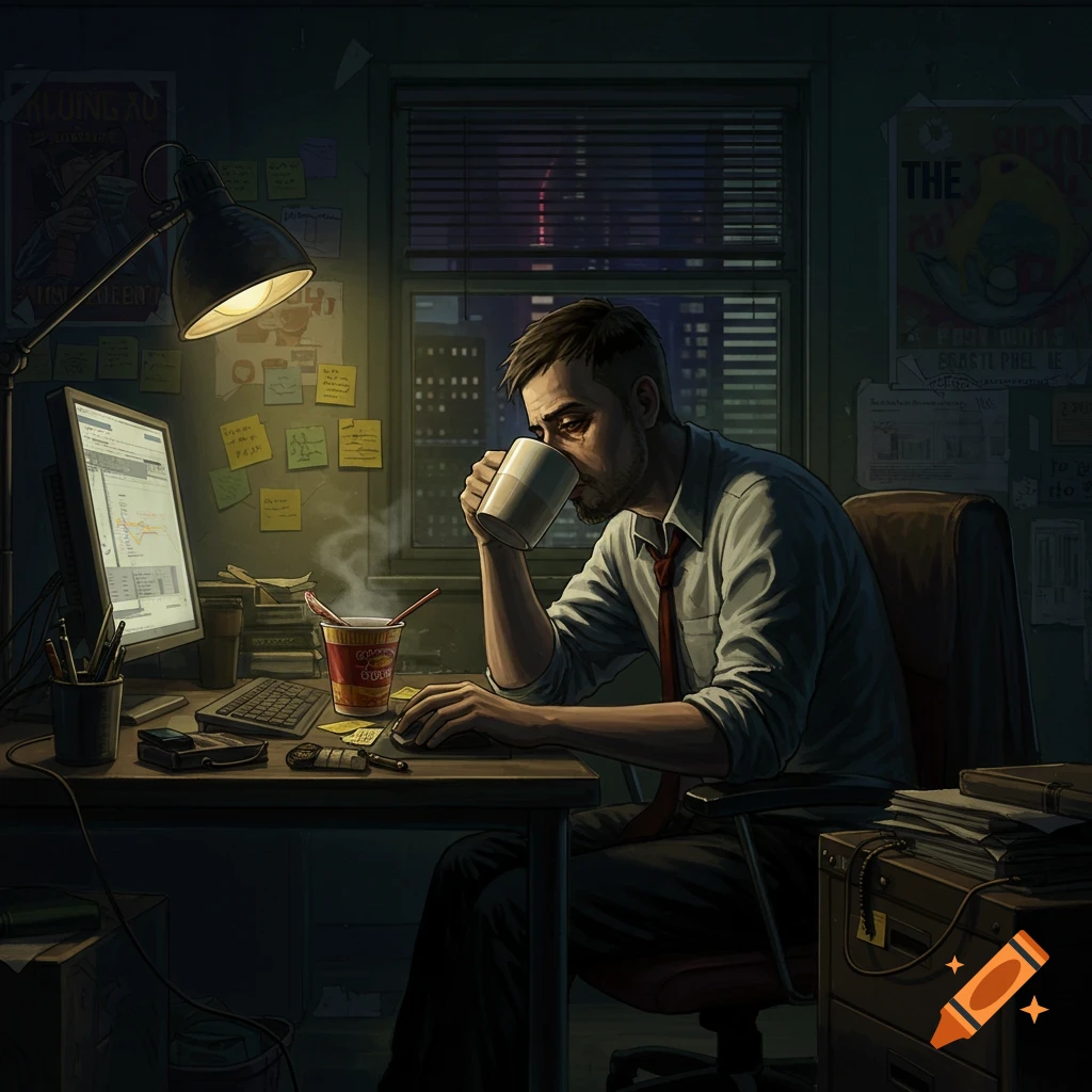 An illustration of a tired, bearded man in a messy office at night, sipping coffee while working on a computer.