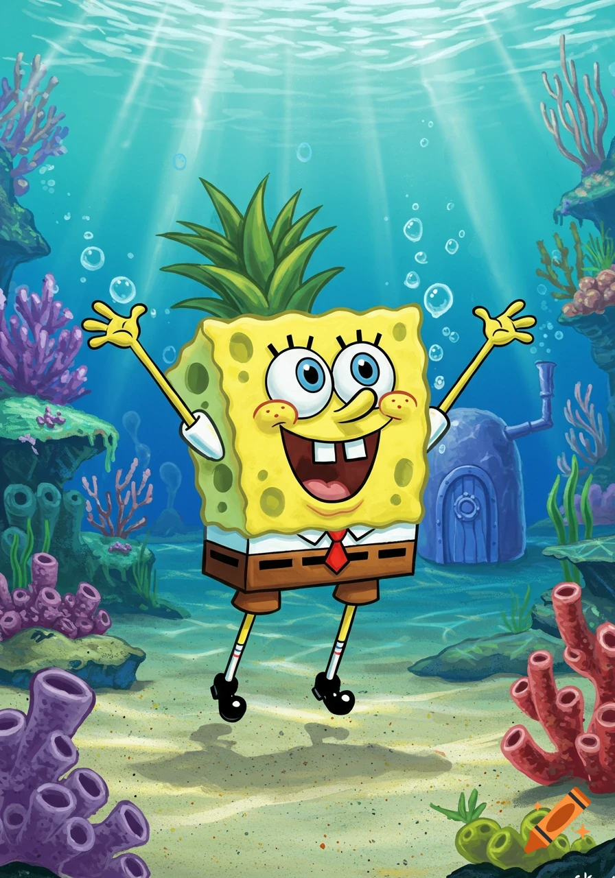 Spongebob Squarepants, a yellow sponge with a pineapple top, smiles widely with arms raised underwater, surrounded by colorful coral and his blue pineapple house.