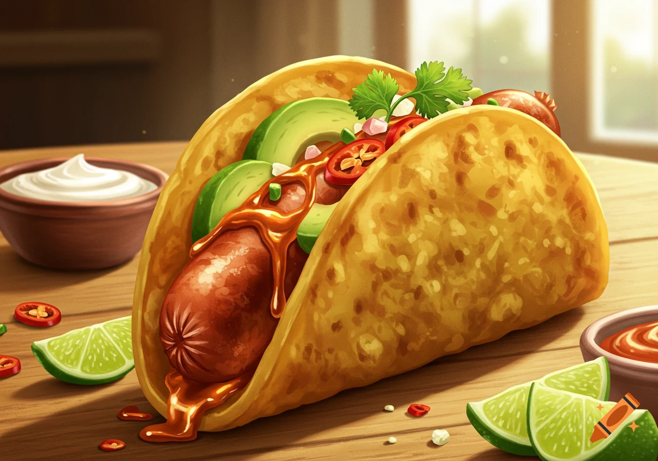 A stylized illustration of a hot dog taco filled with a sausage link, avocado, and chili, drizzled with sauce on a wooden table.