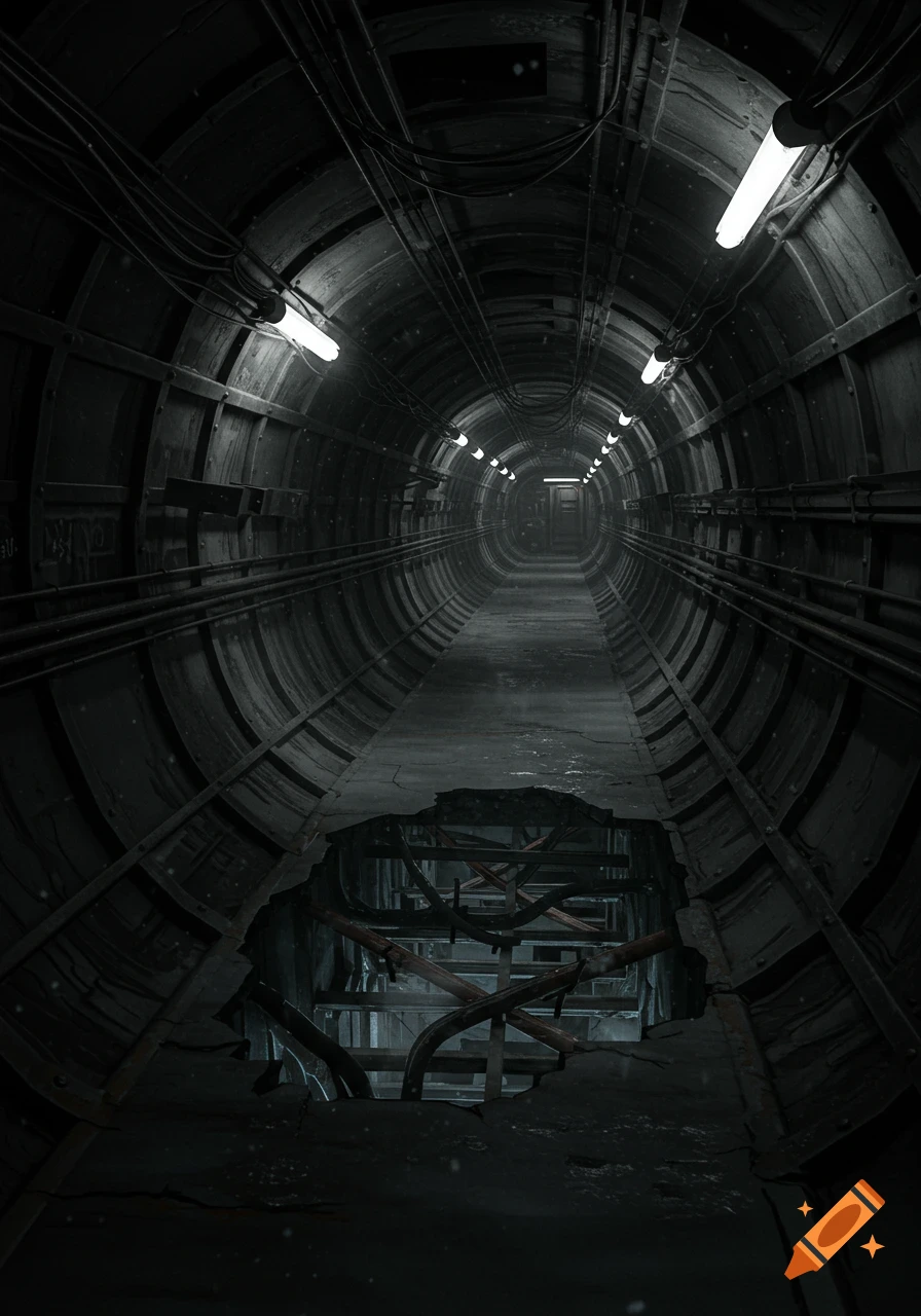 A dark, industrial tunnel with fluorescent lights, cables, and a large broken hole in the concrete floor.
