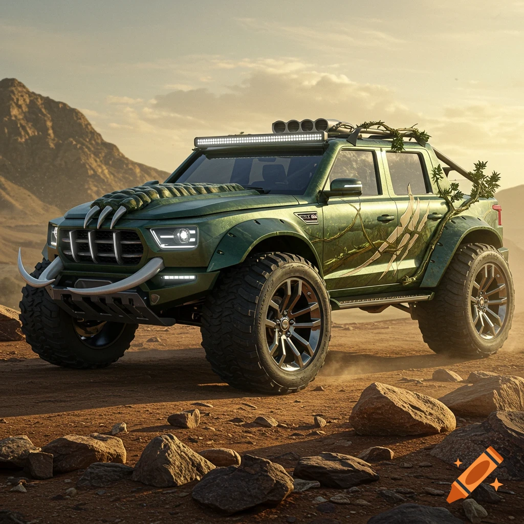 A custom green offroad pickup truck with claws, tusks, and vines, parked on a rocky desert landscape at sunset.