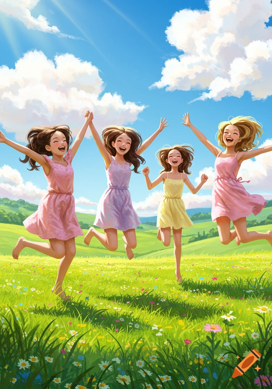 Four cheerful girls in colorful dresses jump high in a vibrant green field under a sunny blue sky with white clouds, in an animated style.