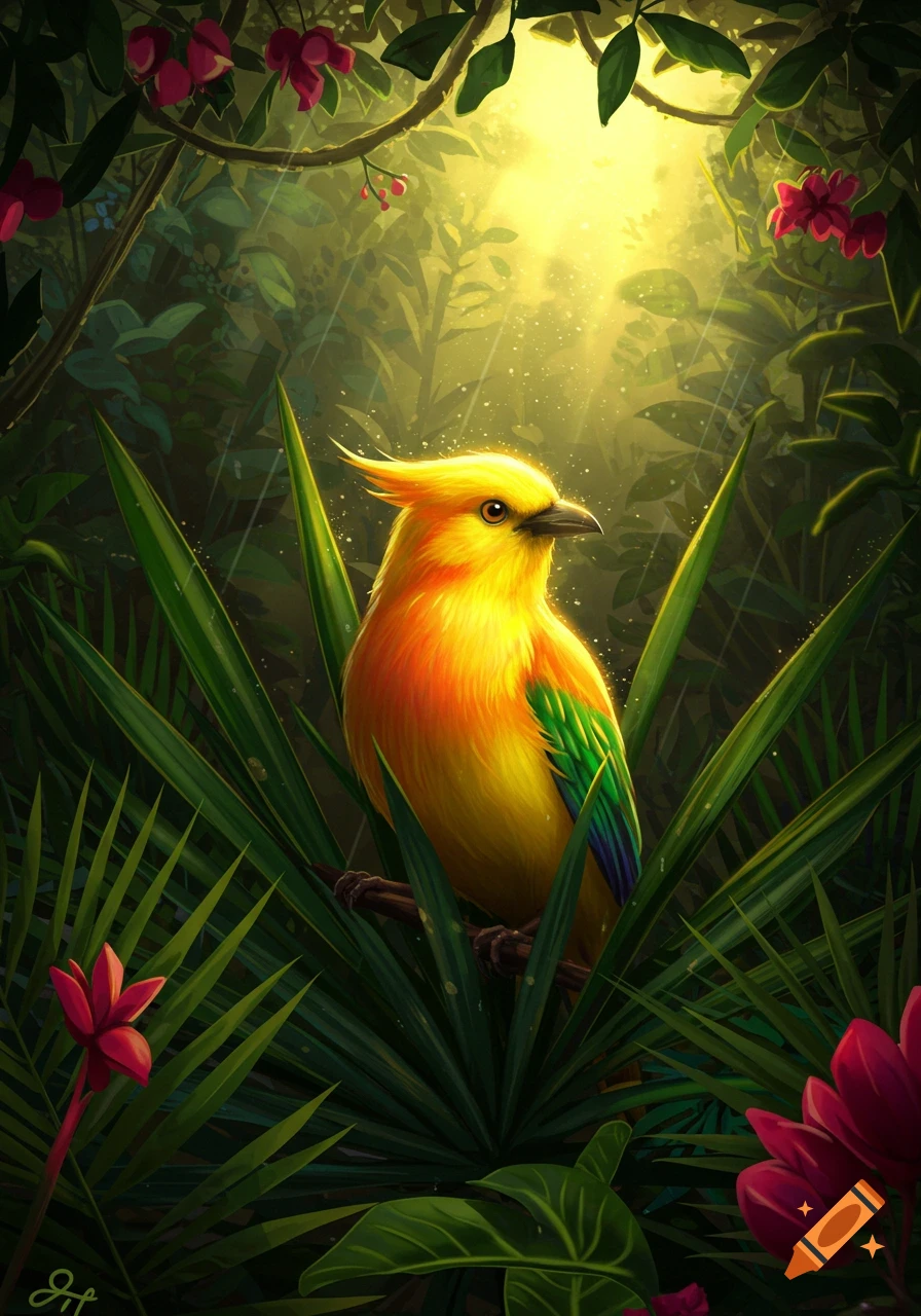 A colorful yellow and orange bird with green and blue wings sits on a branch amidst lush green jungle foliage, bathed in bright sunbeams.