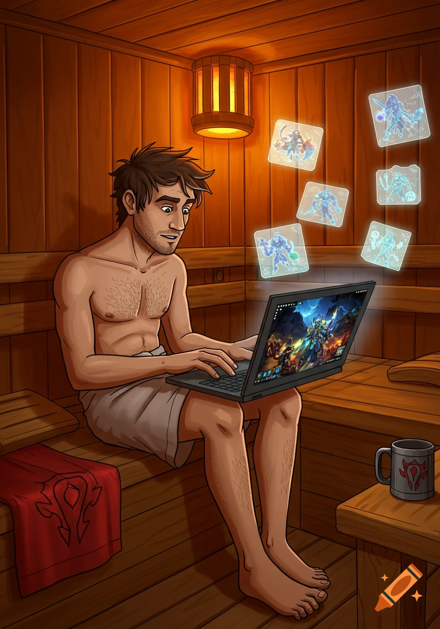 A man in a sauna plays World of Warcraft on a laptop, with holographic game cards floating around him. A red towel with the Horde symbol is draped nearby.