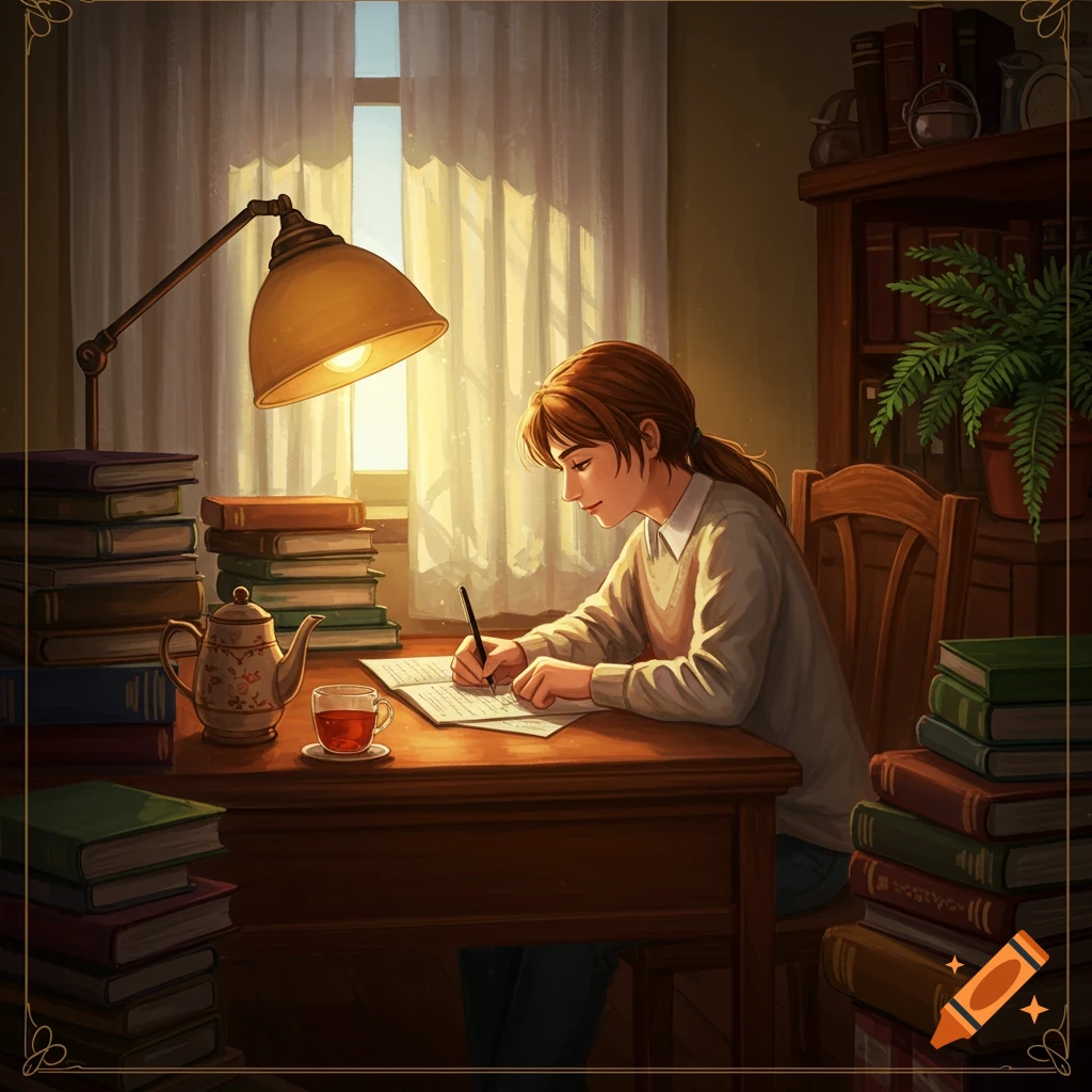 A warmly lit illustration of a young person writing at a desk, surrounded by stacks of books, with a teapot and cup of tea.
