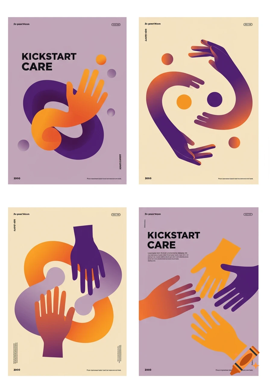 Four modern, minimalist posters with abstract hands and flowing shapes in purple and orange gradients, promoting 'Kickstart Care' for community support.