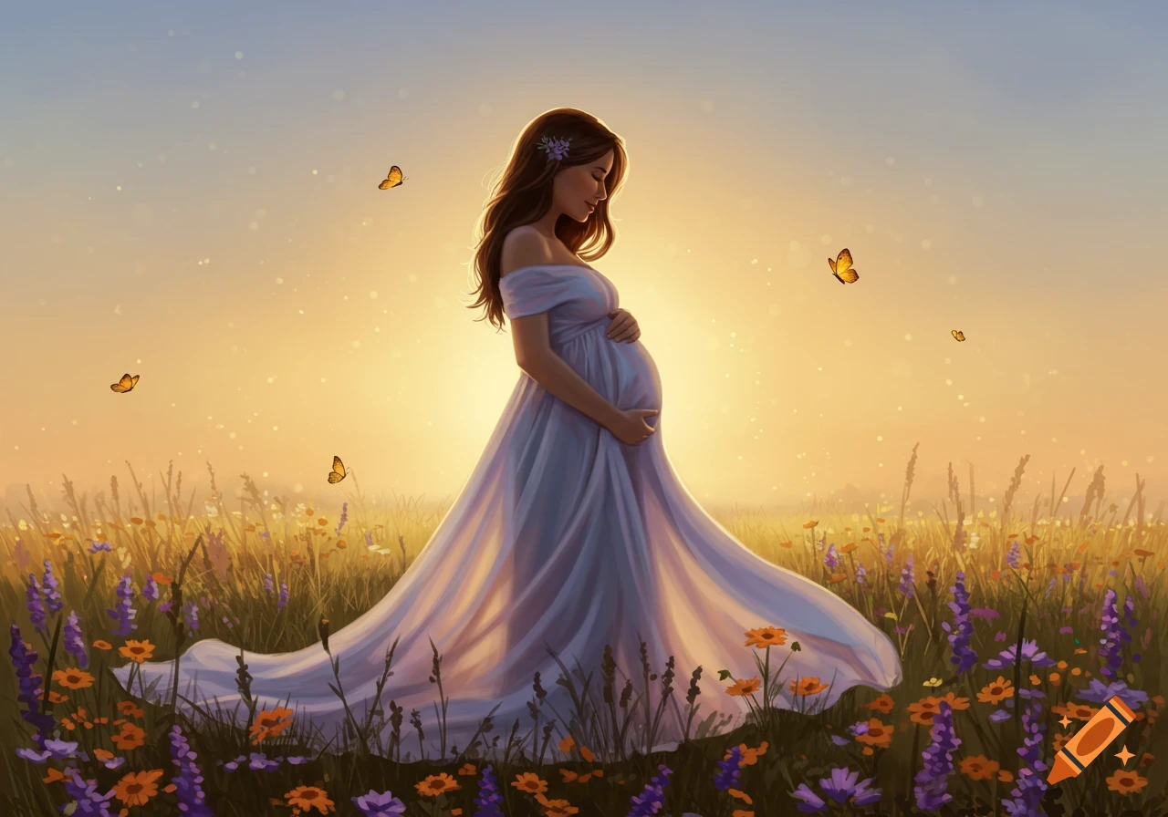 A pregnant woman in a white dress stands in a field of flowers with butterflies, bathed in golden sunset light. Illustrated style.