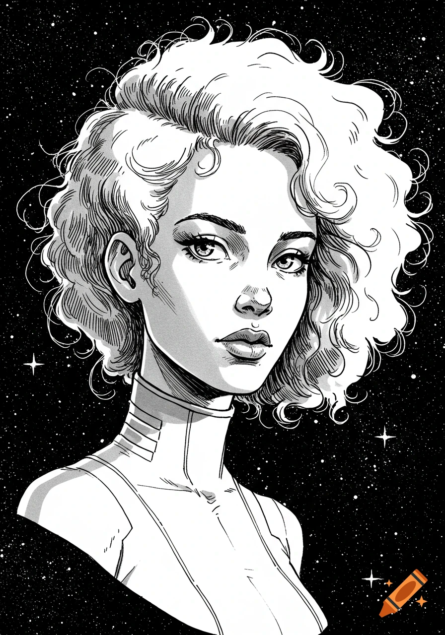 A monochrome ink sketch portrait of a woman with curly hair in a sci-fi uniform, against a starry background.