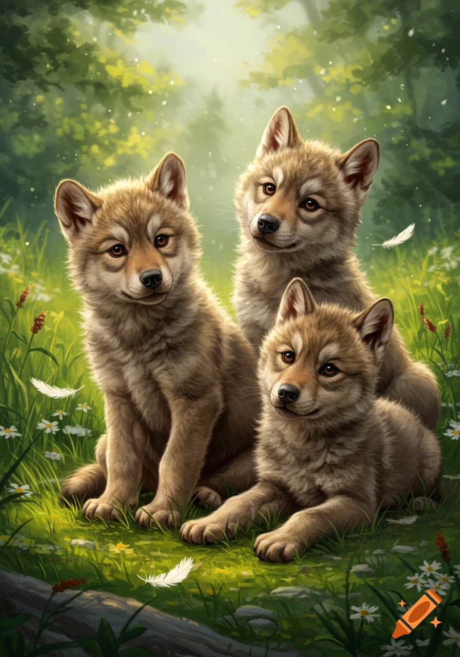 Three adorable wolf pups sit among green grass and white flowers in a sunny forest, in a detailed illustration.
