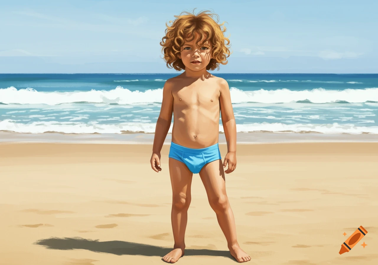 An illustration of a young boy with curly hair in blue swim briefs standing on a sandy beach with the ocean behind him.