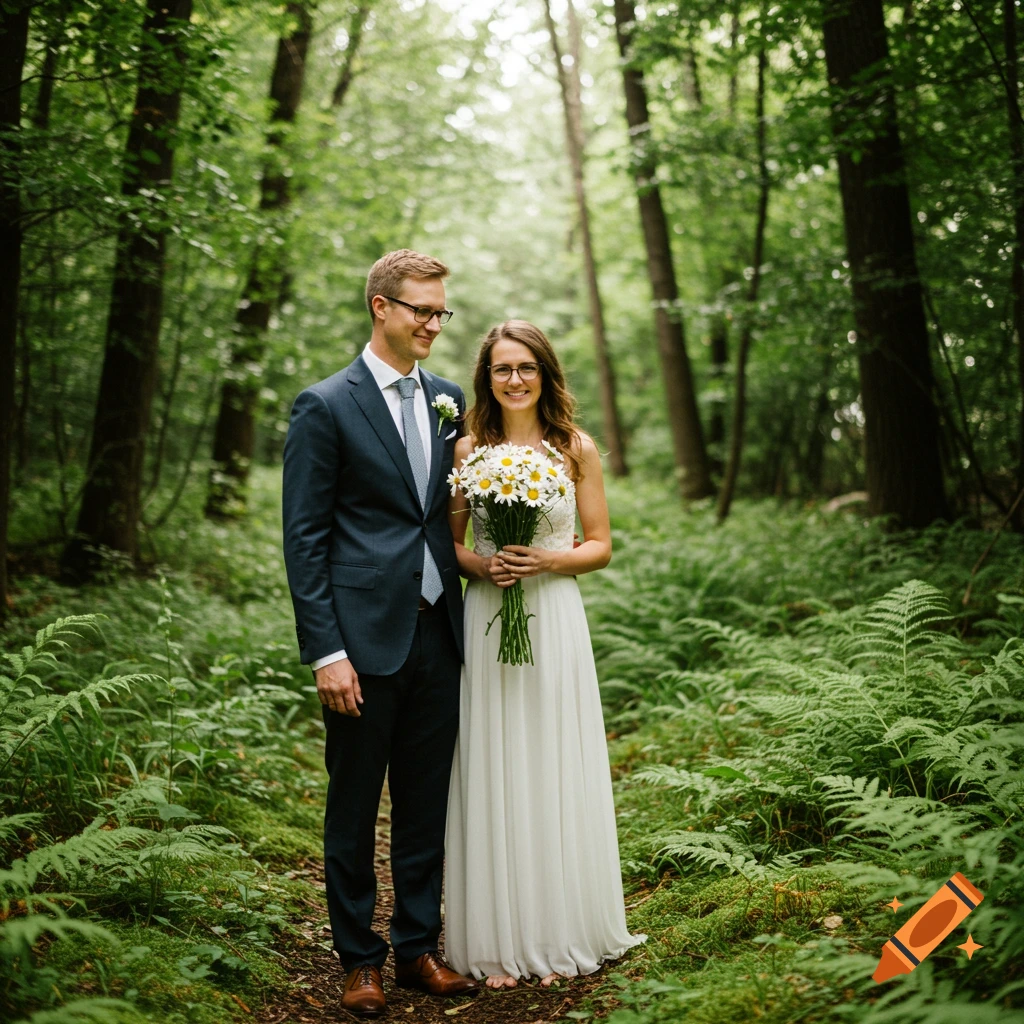 A smiling wedding couple, both in glasses, stands on a forest path surrounded by ferns with light filtering through trees. She holds daisies.