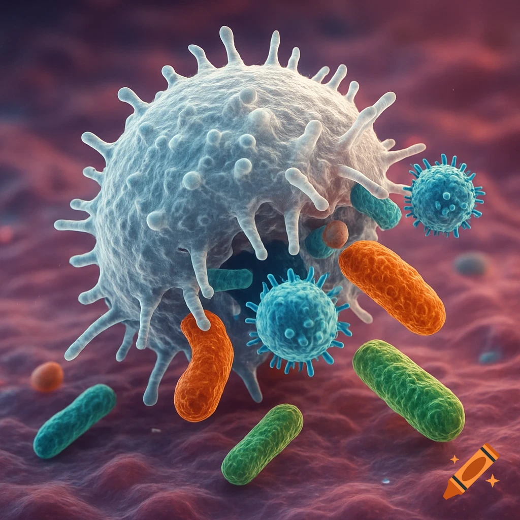 A detailed microscopic view of a large white immune cell engulfing smaller blue, green, and orange bacteria and viruses.