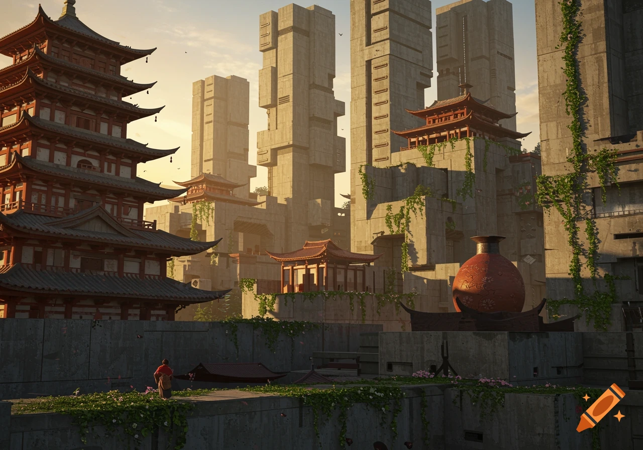 Futuristic brutalist city at sunset, combining towering concrete structures with traditional Asian pagodas, lush vines, and a lone figure.