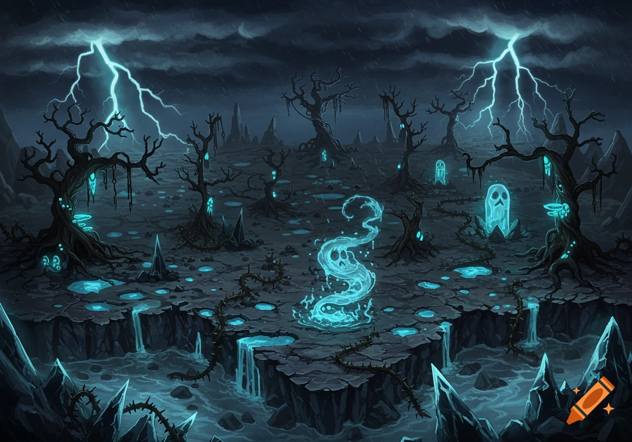 A dark, stormy fantasy landscape with jagged rocks, gnarled trees, and glowing blue ghost-like figures and magical effects under lightning strikes.