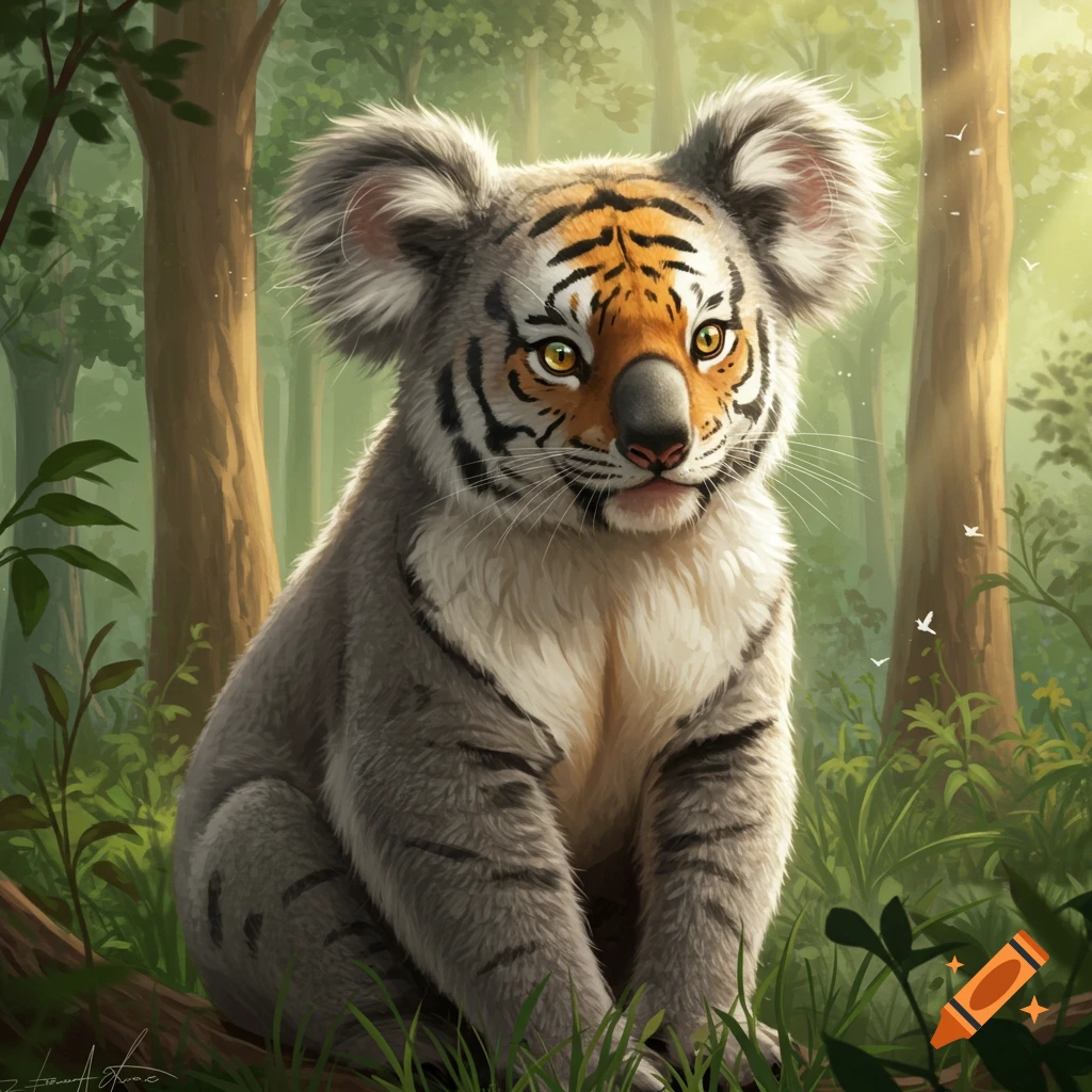 A cute koala-tiger hybrid animal sitting in a lush green forest, with dappled sunlight filtering through the trees.