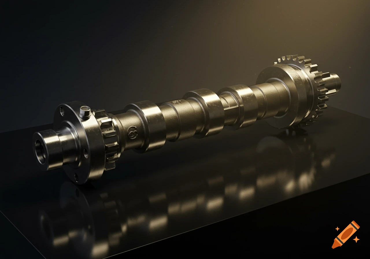 A shiny metallic camshaft with gears rests on a dark, reflective surface with a spotlight.