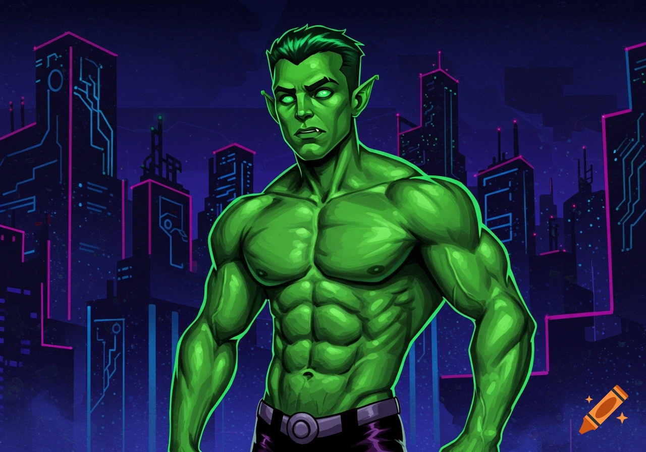 A muscular, green-skinned character resembling Beast Boy stands shirtless against a backdrop of neon-lit futuristic buildings in comic art style.