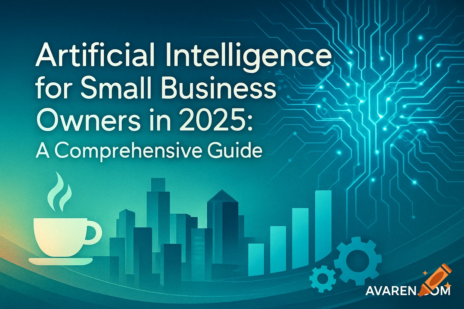 A graphic header for an AI for small business guide, featuring a circuit board, coffee cup, city skyline, graphs, and gears.