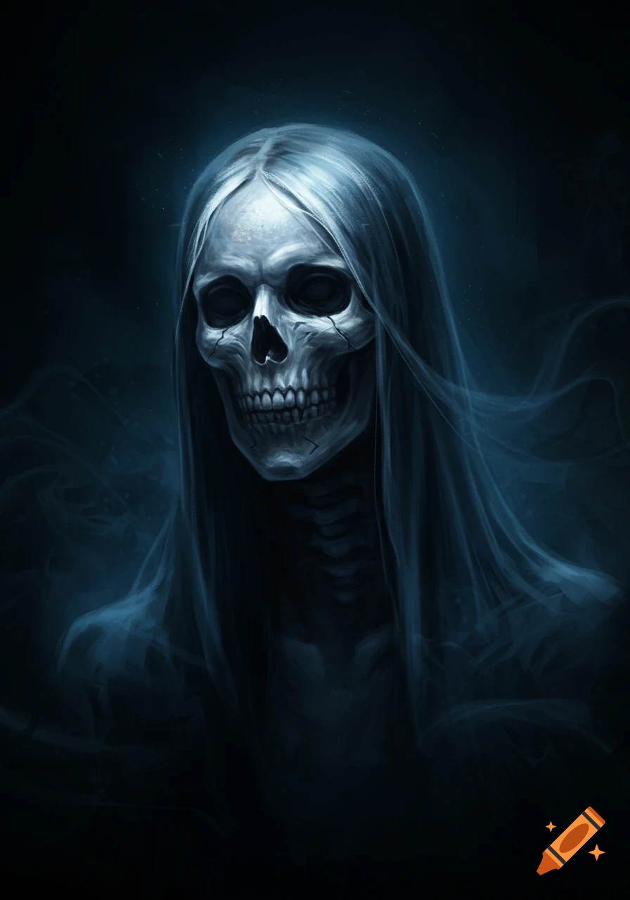 A ghostly white skull with long flowing hair emerges from dark blue smoke in a portrait.