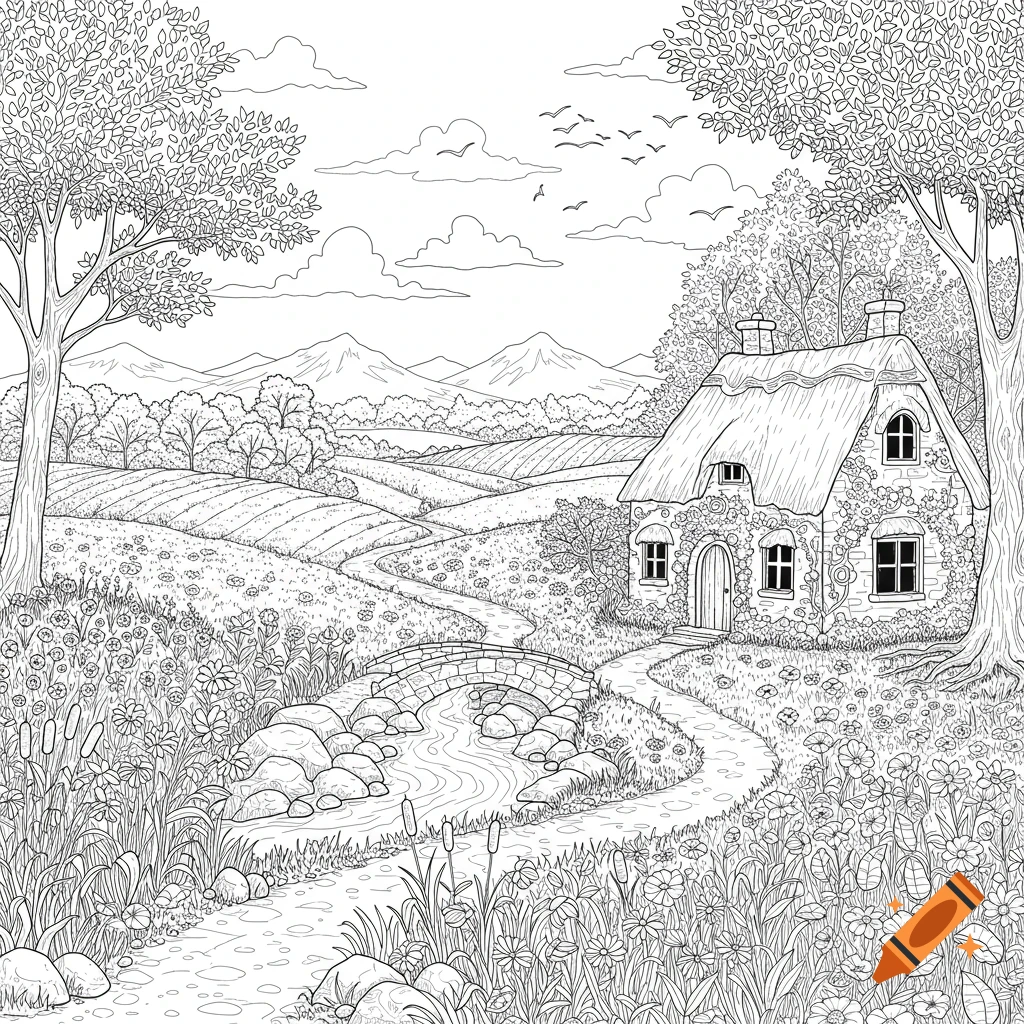 A black and white line art drawing of a peaceful countryside scene with a thatched cottage, a stream, a stone bridge, and trees.