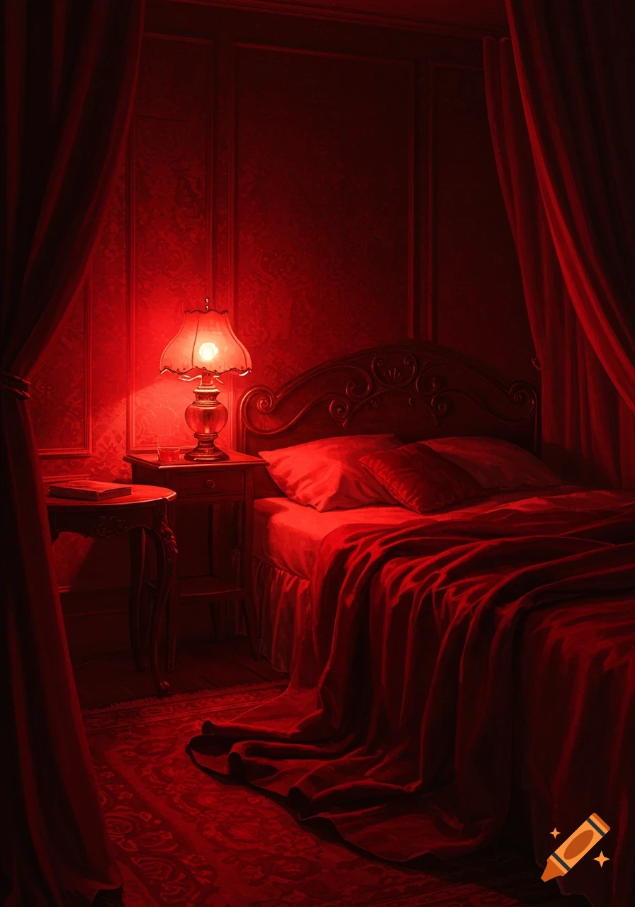 A bedroom bathed in deep red light, featuring a bed with red sheets, a wooden headboard, and a glowing table lamp.