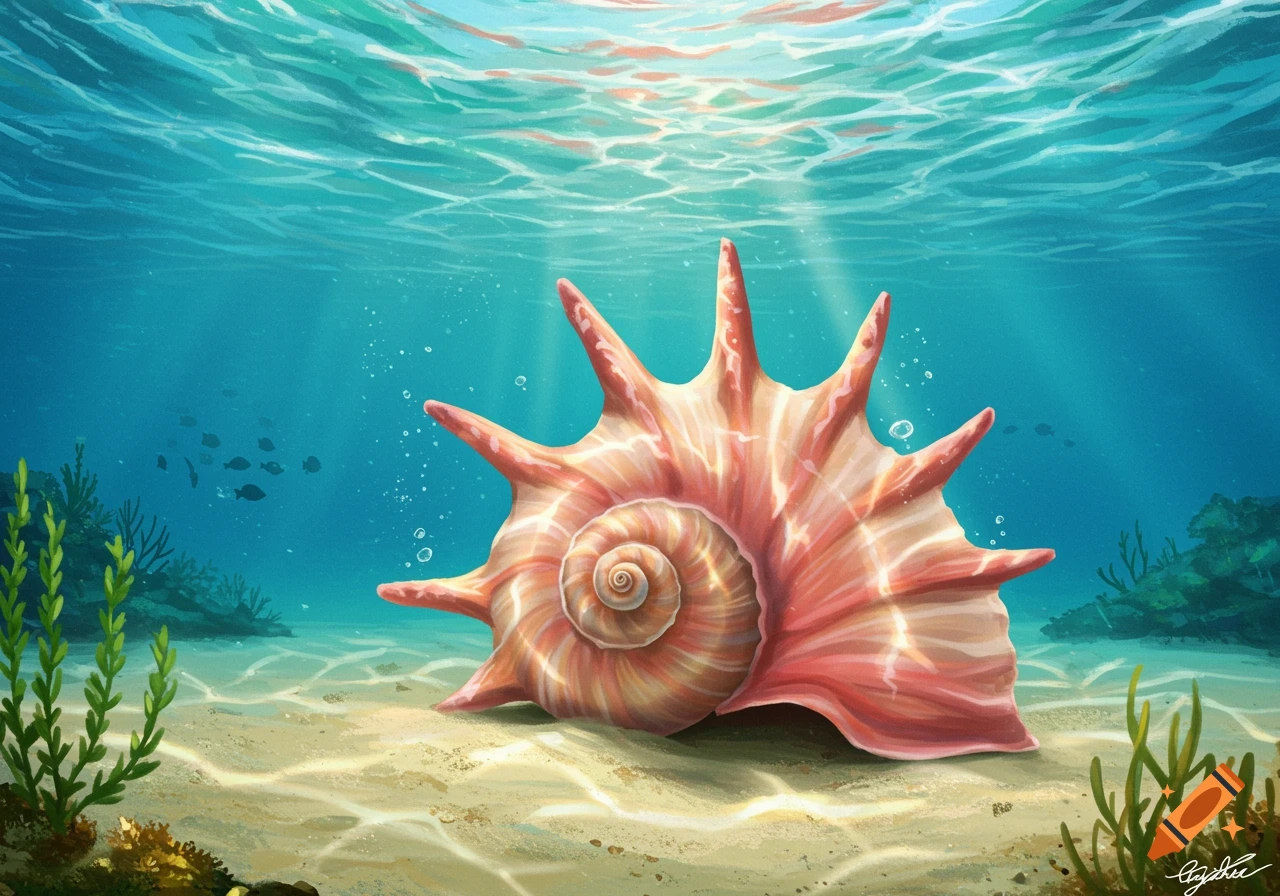 A vibrant pink and orange spiky seashell rests on the sandy ocean floor under clear blue water with sunlight rays and small fish in the background.