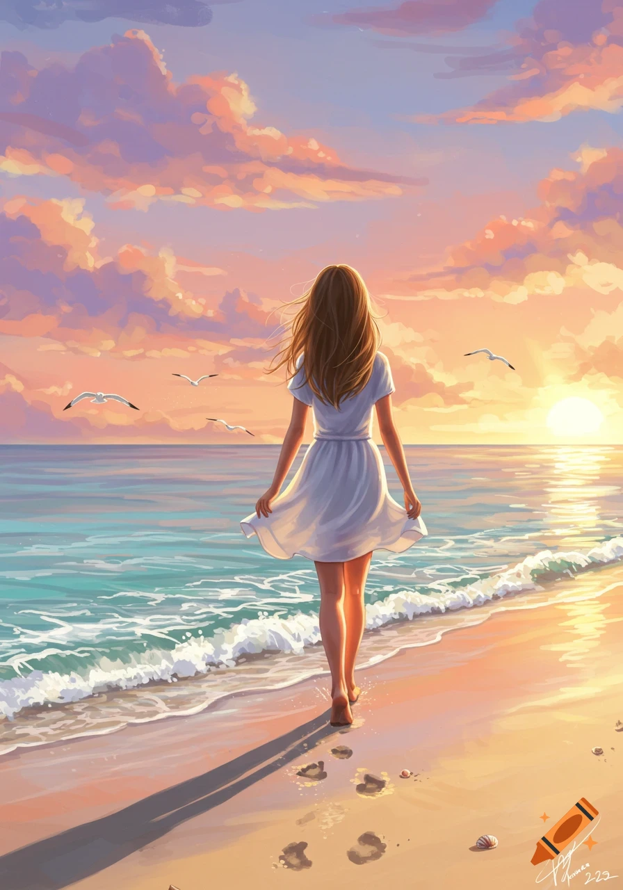 An illustrated serene sunset scene on a beach, featuring a girl in a white dress walking barefoot by the ocean with seagulls flying above.