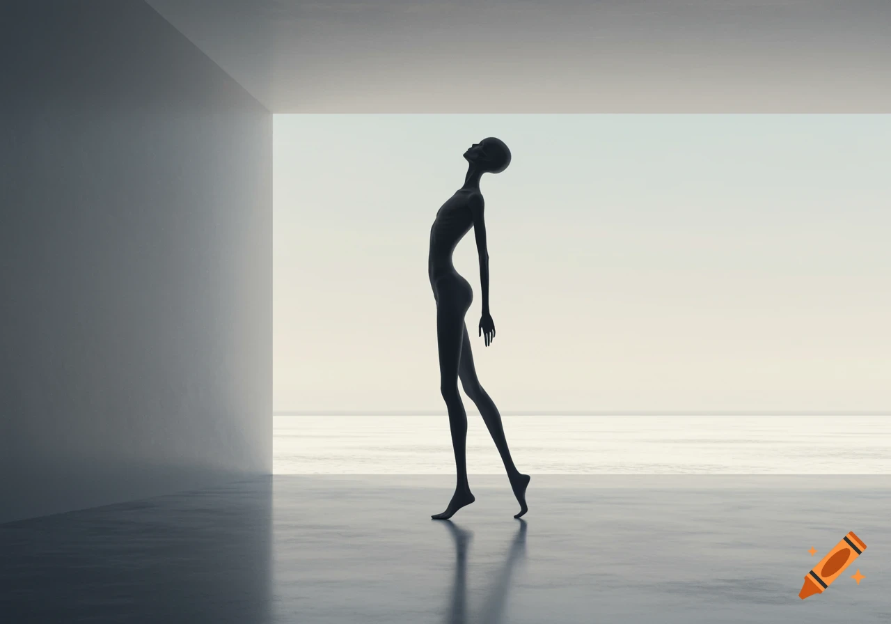 A slender, silhouetted figure with an elongated head stands in a minimalist room overlooking a vast, calm body of water at the horizon.