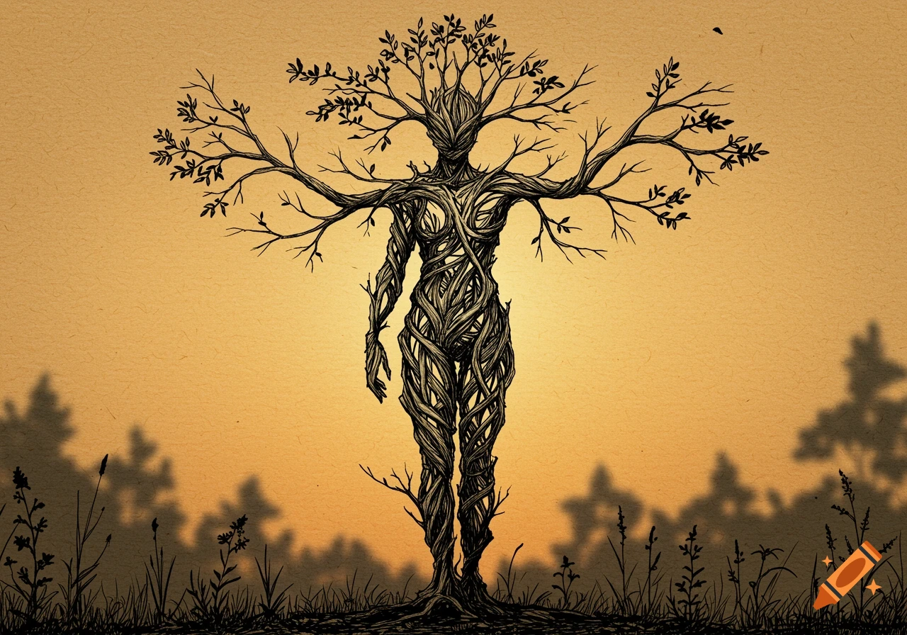 A stylized black line drawing of a human figure formed from tree branches and leaves, standing against a sepia-toned background with silhouetted trees.