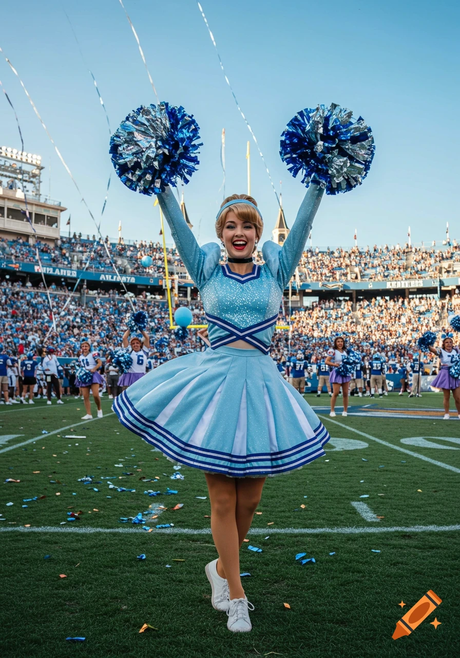 A smiling woman dressed as Cinderella in a light blue cheerleader outfit holds blue pom-poms high in a vibrant football stadium, with confetti on the green field.