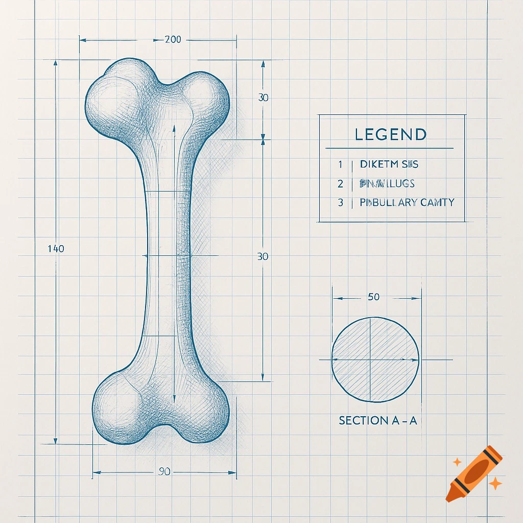 A blueprint drawing of a dog bone with architectural dimensions and a cross-section view on graph paper.