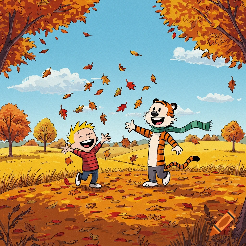 A boy and a tiger play in a field of falling autumn leaves, cartoon style.