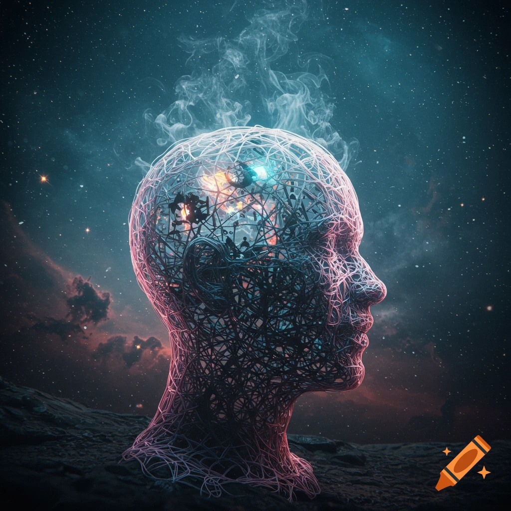 A glowing, wireframe human head against a starry cosmic background with nebulas and smoke rising from the top.