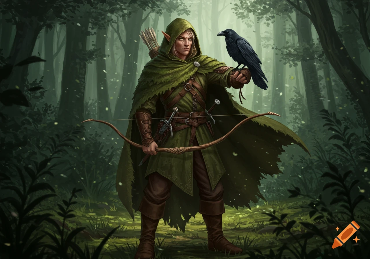 A half-elven ranger in a hooded green cloak holds a bow with a raven perched on his arm in a dark forest.