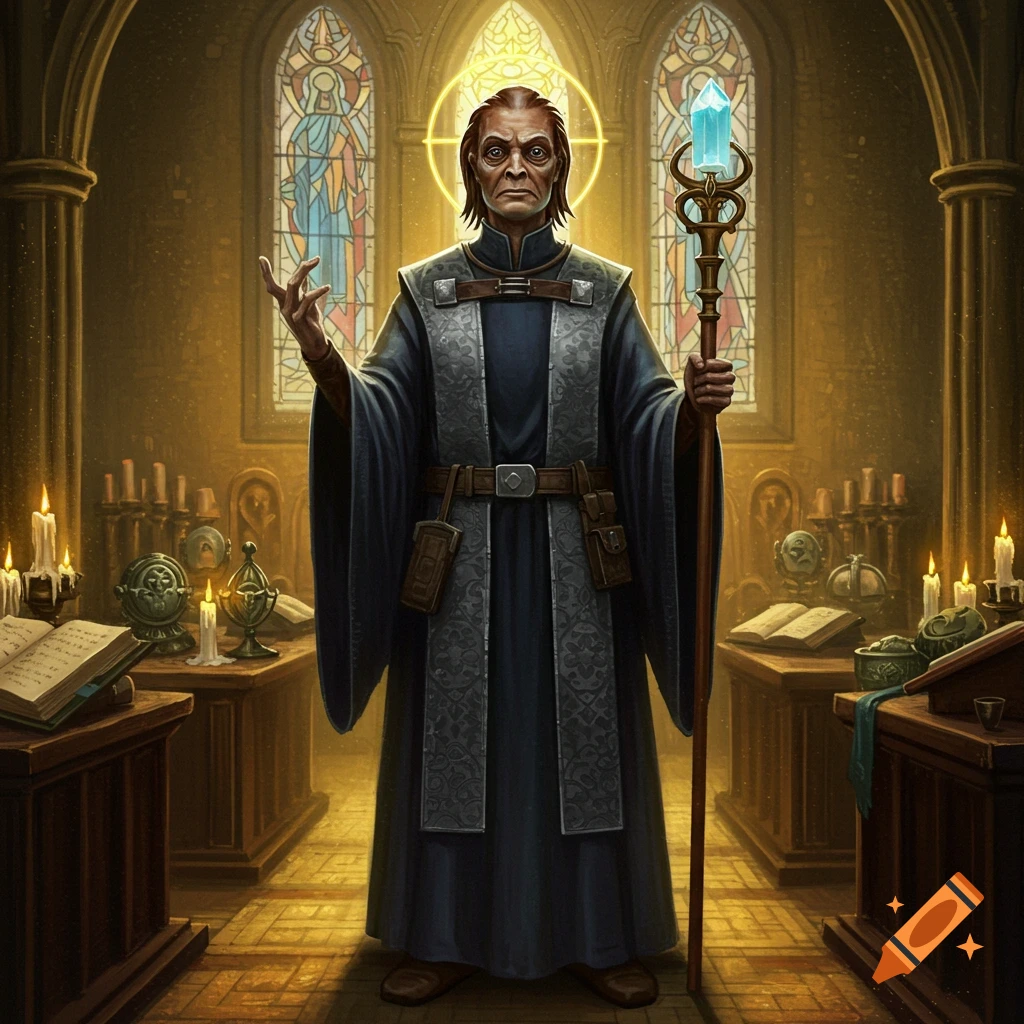 A stern human cleric stands in a grand cathedral, holding a glowing staff and gesturing with the other hand. Stained glass windows illuminate the scene.