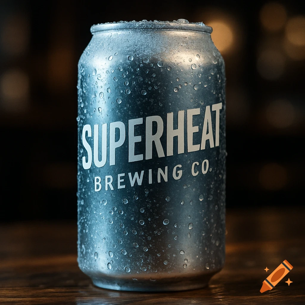 A photorealistic close-up of a cold, condensation-covered silver beer can labeled 'SUPERHEAT BREWING CO.' on a wooden surface with a blurred dark background.