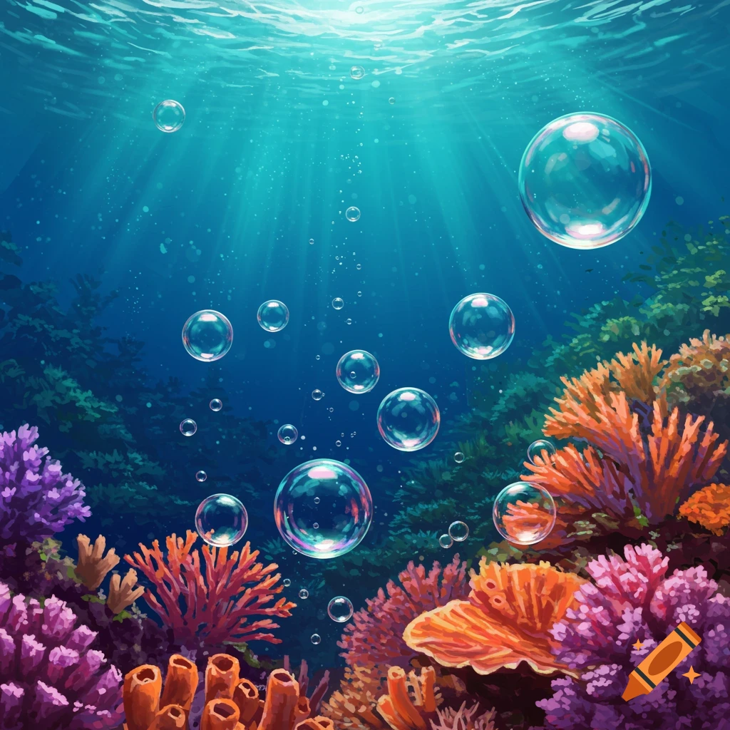 Vibrant underwater scene with sunlight, colorful coral, and many bubbles rising.