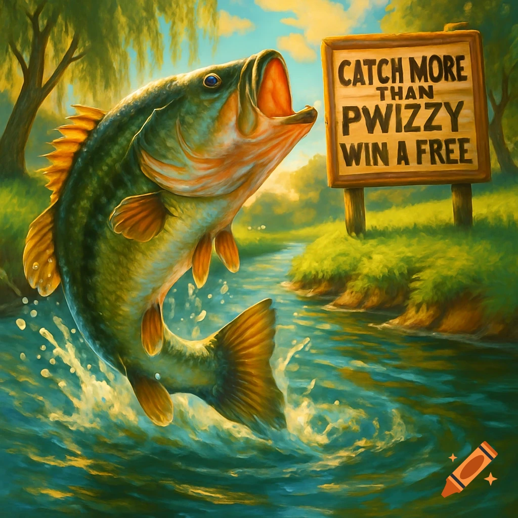 A largemouth bass leaps from a stream, creating splashes, next to a wooden sign on the grassy bank.