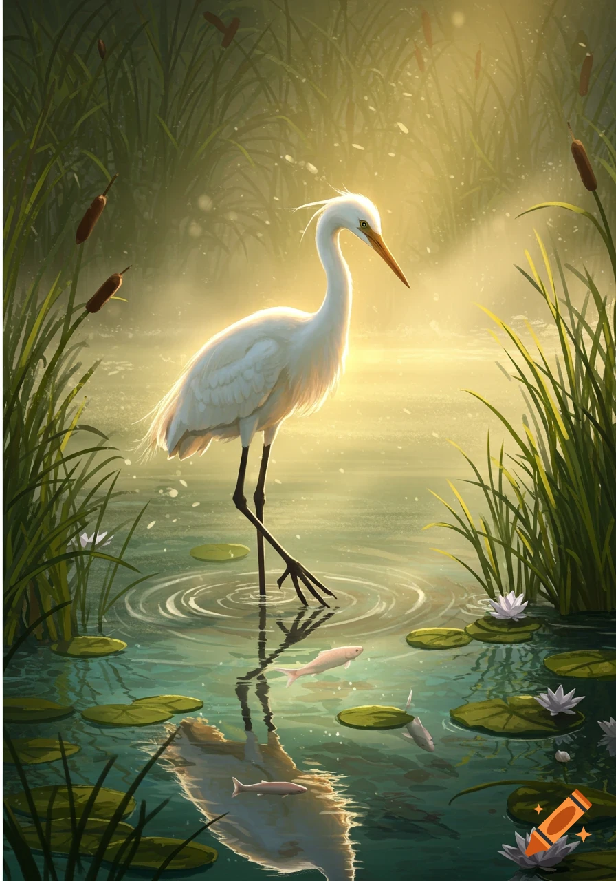 A white egret stands in a misty pond at sunrise, surrounded by reeds, lily pads, and small fish.