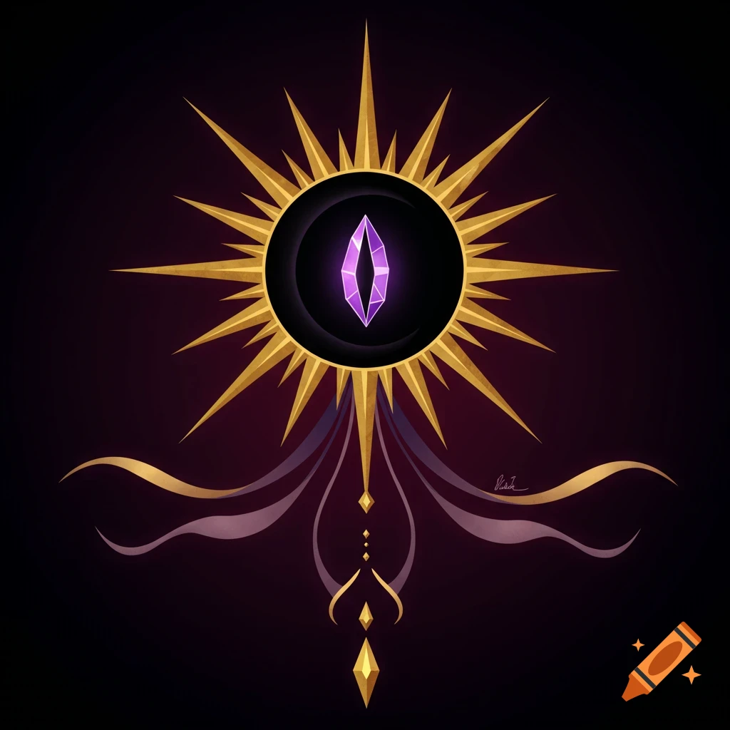 A stylized emblem featuring a golden sunburst with a black center containing a glowing violet crystal eye, over flowing ribbons.